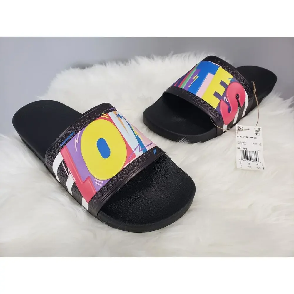 NEW Adidas Men 12 Adilette Slide Sandal Gay Pride LGBTQ Ally LOVE UNITES rainbow